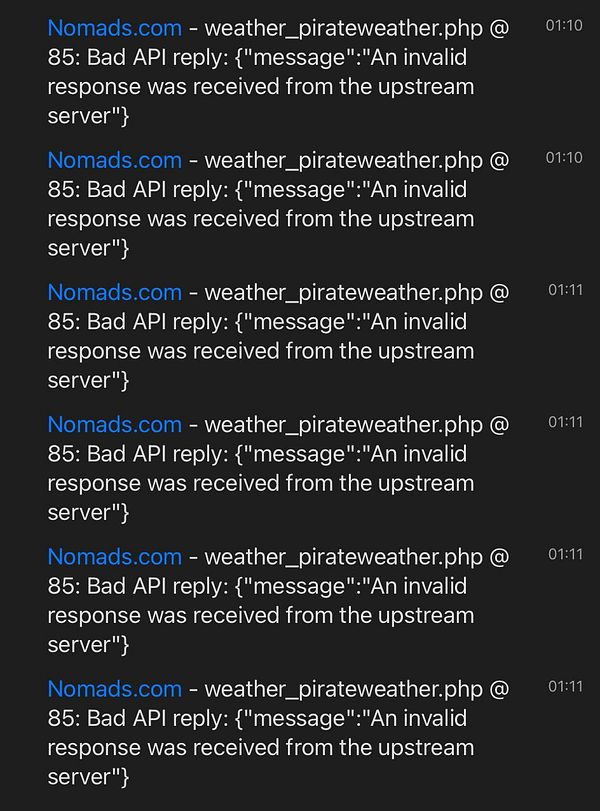 The image displays a series of error messages related to the PirateWeather API.
