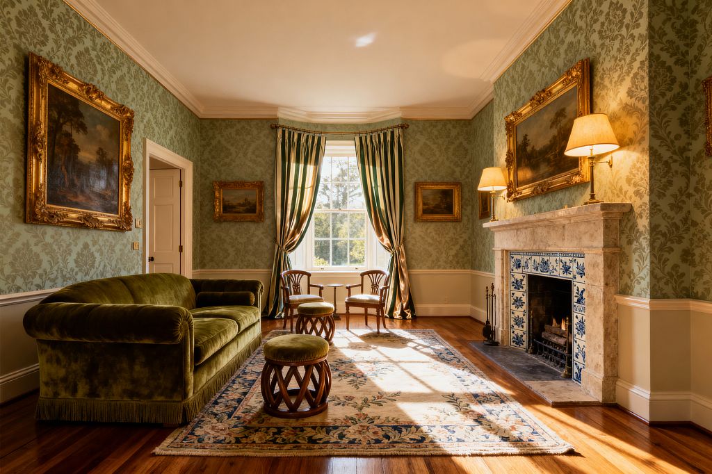 Traditional living room with sage damask wallpaper and cream wainscoting, centered on a limestone fireplace with blue-and-white tiles and flanked by brass lamps and gold-framed landscapes. An olive velvet sofa sits opposite a large sash window dressed in green-and-ivory striped drapes; a floral rug, two round lattice-base stools, and two wooden side chairs on polished wood floors complete the symmetrical, sunlit space.