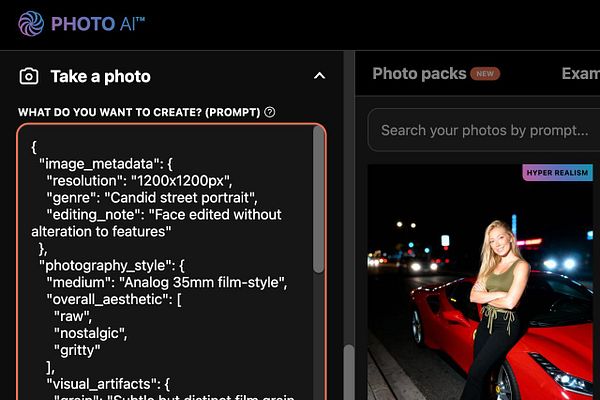 The image displays a user interface for a photo generation tool featuring a JSON prompt for creating a candid street portrait.