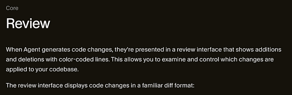 The image displays a section of documentation regarding the review interface for code changes in the Cursor Agent.