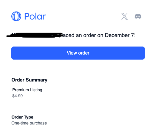 A screenshot of an order confirmation from Polar for a premium listing.