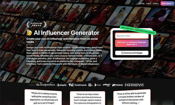 The image showcases a promotional webpage for an AI Influencer Generator tool.