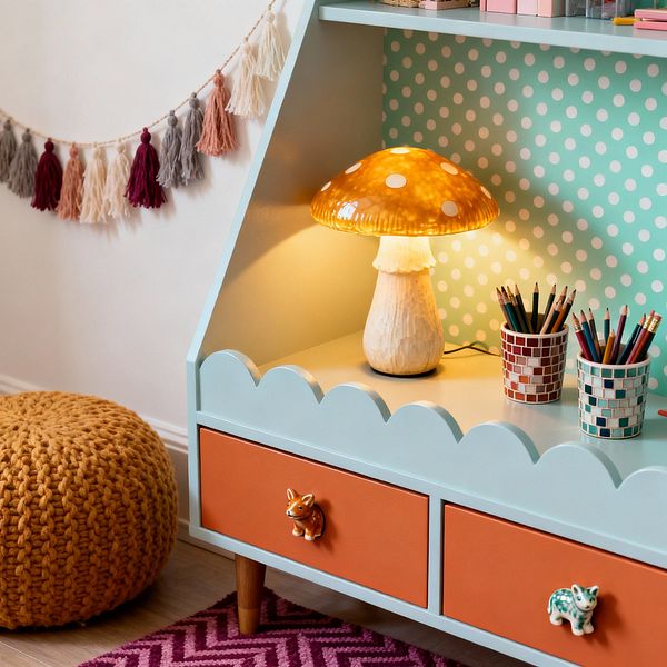 Close-up of a children’s room corner with a pastel mint painted storage unit featuring scalloped trim and two burnt-orange drawers on tapered wood legs. A glowing amber mushroom lamp sits on the shelf against a turquoise polka-dot back panel, next to two mosaic pencil cups. A chunky mustard knit pouf rests on light wood flooring beside a magenta chevron rug, and a multicolor tassel garland hangs along a white wall.