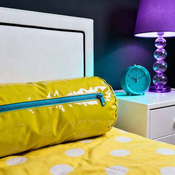 Close-up of a Pop Art bedroom shows a white upholstered headboard with black piping beside a white glossy nightstand. Bright accents include a shiny citrus-yellow cylindrical bolster with a teal zipper on yellow polka-dot bedding, a purple bubble-base lamp with a violet shade, a turquoise alarm clock, and a dark charcoal wall washed with cyan light, creating bold color contrasts and reflective surfaces.