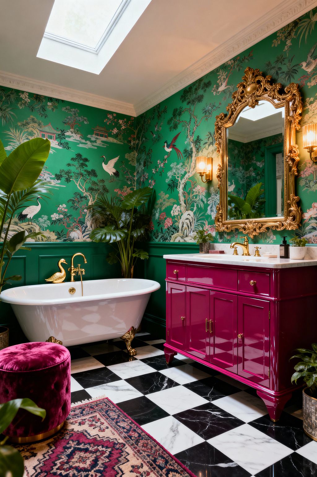 An exuberant bathroom with emerald green chinoiserie wallpaper and matching wainscoting, a freestanding white clawfoot tub with gold feet and a brass swan-detail faucet, and a glossy fuchsia vanity topped with white marble. An ornate gilded mirror is flanked by warm sconces, while a black-and-white marble checkerboard floor, magenta velvet stool, patterned rug, tropical plants, and a ceiling skylight layer color, texture, and light.