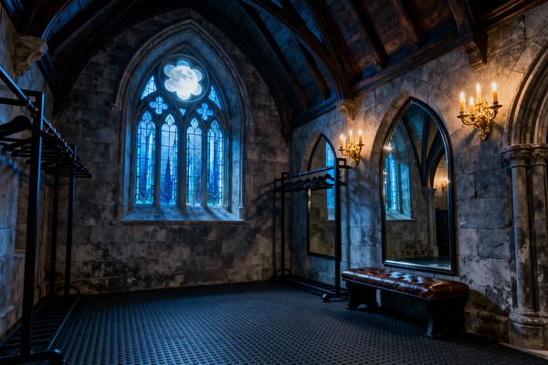 A home gym arranged in a Gothic-style room with weathered gray stone walls and a dark timber vaulted ceiling. Blue stained-glass windows with tracery cast cool light, while ornate brass candle sconces add warm illumination; black powder-coated steel storage racks sit beside a large wall mirror in an arched niche, and a tufted brown leather bench rests on a black coin-textured rubber floor.
