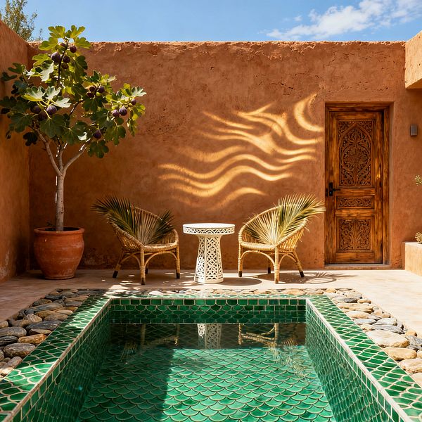 A compact Moroccan courtyard with warm terracotta tadelakt walls surrounds a small plunge pool lined in emerald green scalloped zellige tiles and edged with smooth river stones. Two rattan chairs with palm frond accents face a white pierced ceramic side table. A potted fig tree sits to the left, and a richly carved wooden door anchors the right wall. Sunlight reflects off the water, casting rippled patterns across the wall beneath a clear blue sky.