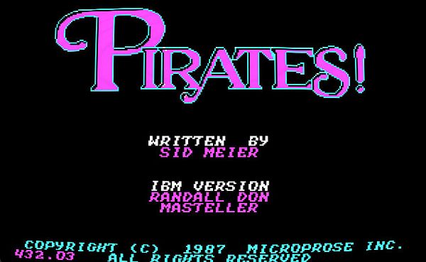 Screenshot of the 1987 video game Sid Meier's Pirates showing a ports interface with various menu options and a ship at sea.