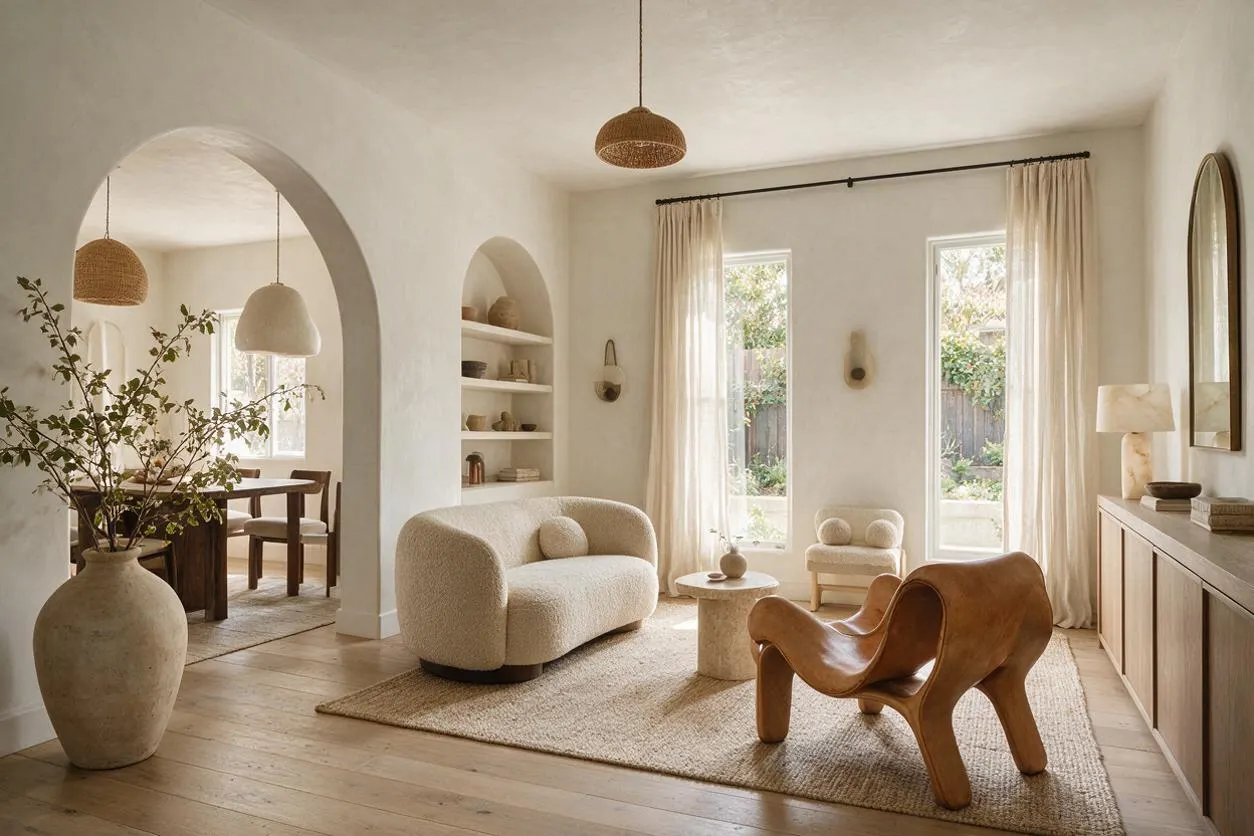 A warm organic modern living room with rounded archways, a textured cream sofa, sculptural wooden lounge chair, and neutral rug. Sheer curtains soften tall windows while natural wood, plaster walls, woven lighting, and ceramic decor create a calm, sunlit atmosphere.