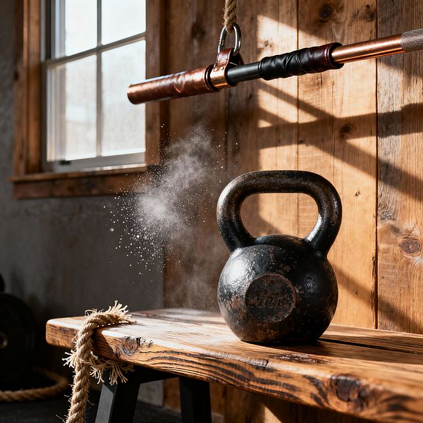 A rustic home gym corner features reclaimed wood plank walls, a live-edge wooden bench with black trestle legs, and a weathered black cast-iron kettlebell dusted with chalk. A copper-and-black pull-up bar is suspended from a thick rope with a steel carabiner near a wood-trimmed window, while sunlight casts warm shadows across the wood grain; a coiled battle rope and dark flooring complete the sturdy, handcrafted scene.