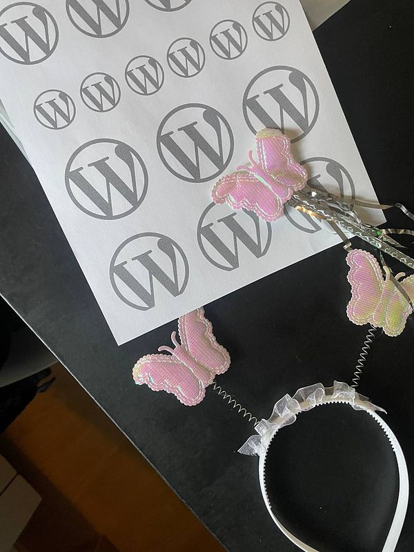 The image features costume elements for a WordCamp Asia talk, including butterfly accessories and printed logos.