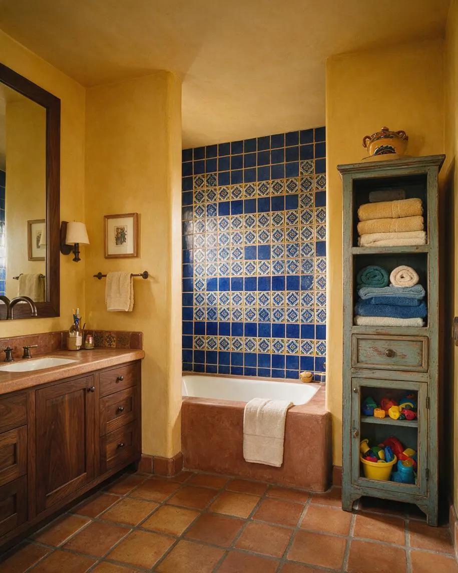 A Mediterranean-style bathroom with warm ochre stucco walls, terracotta floor tiles, and a built-in tub alcove finished in deep blue and patterned ceramic tiles. A dark wood vanity with a stone sink sits on the left, while a distressed aqua storage cabinet with folded towels and toys adds rustic character on the right.