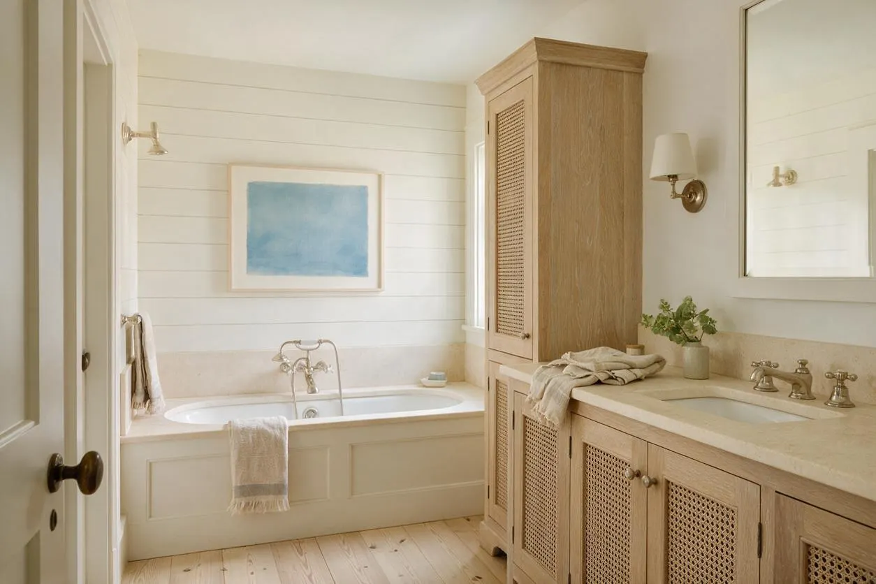 A serene coastal master bathroom with a freestanding tub beneath a blue abstract painting, white shiplap walls, and pale wood flooring. A long vanity with cane-front cabinet doors, a cream stone countertop, and brass fixtures adds warmth and texture.