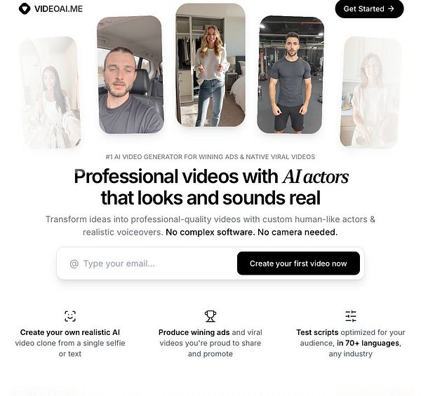 The image promotes a video generation service featuring AI actors and showcases various user-generated video clips.