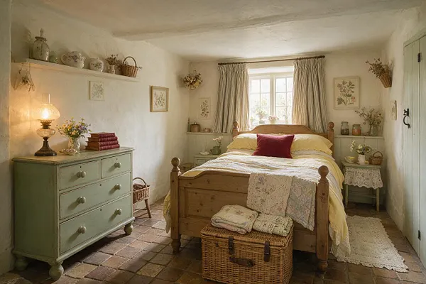 A cozy cottagecore bedroom with white plaster walls, a wooden spindle bed dressed in soft yellow bedding and a red accent pillow, and a mint-green dresser with a glowing table lamp. The room includes floral prints, dried flowers, wicker baskets, lace accents, and a terracotta tile floor that adds rustic warmth.
