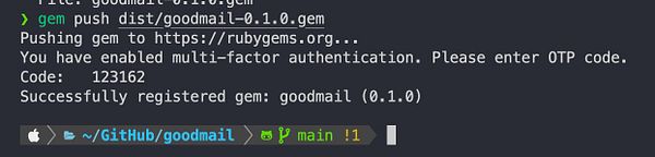 A terminal interface displaying the process of pushing a Ruby gem to RubyGems.org.