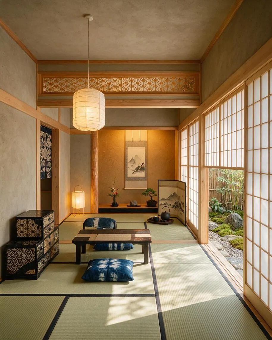 A calm Japanese Zen-inspired nursery with tatami mats, shoji sliding screens, and warm wood trim. The room includes a low table, floor cushions, a lantern pendant, and a decorative alcove with pottery and a hanging scroll, opening to a small garden outside.