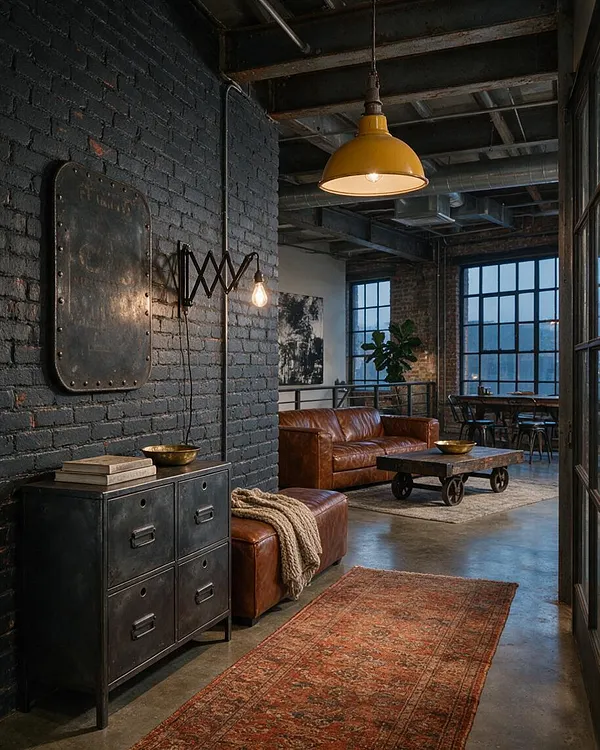 An industrial entryway with dark painted brick walls, exposed ceiling beams and ductwork, and a warm yellow pendant light. A black metal cabinet, leather seating, a vintage-style rug, and large factory windows create a moody loft atmosphere.
