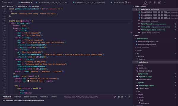 A code snippet from a TypeScript file related to website validation and editing actions.