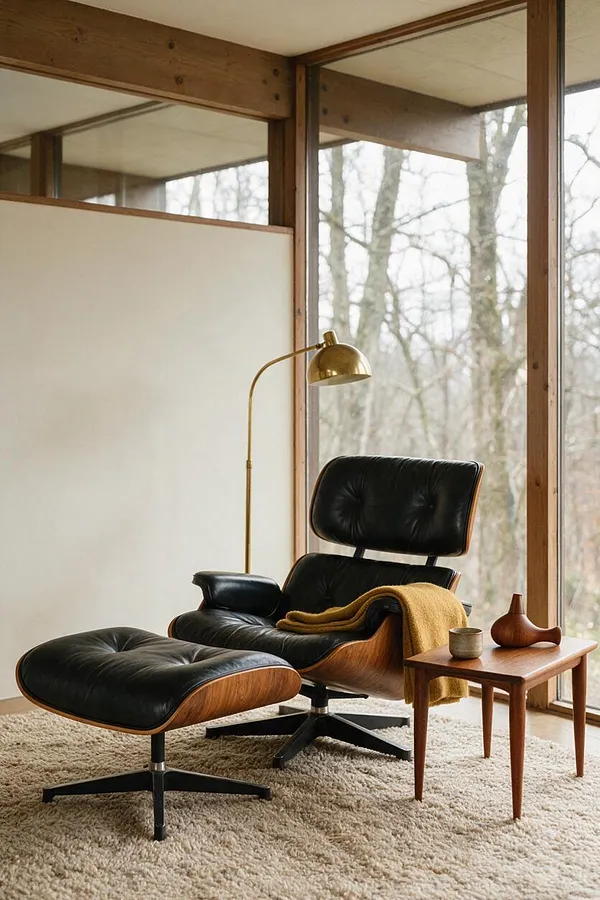 A mid-century modern lounge vignette with a black leather lounge chair and matching ottoman on a shaggy cream rug, set beside a small walnut side table. A brass floor lamp stands behind the chair, and large wood-framed windows reveal leafless trees outside.
