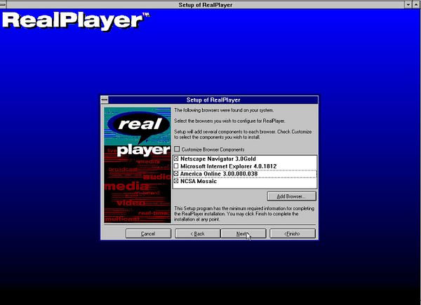 Screenshot of a Windows XP installation wizard for RealPlayer 3 with software license agreement details.
