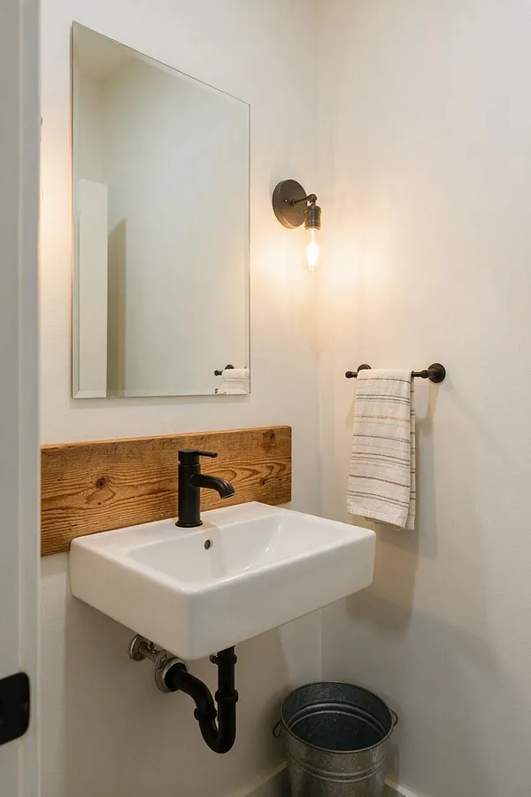 A compact farmhouse-style powder room with white textured walls, a rectangular wall mirror, and a small white wall-mounted sink with matte black faucet and exposed plumbing. A warm wood plank backsplash runs behind the sink, paired with a black metal towel bar, an exposed bulb sconce, and a galvanized metal bucket on the floor.