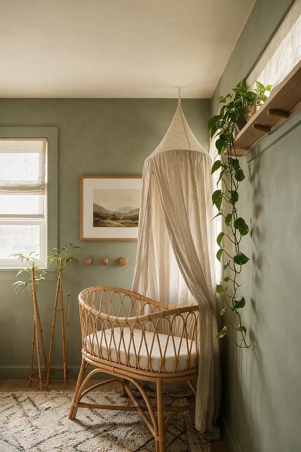 A serene nursery with sage green walls, a rattan bassinet centered beneath a draped linen canopy, and natural light filtering through sheer window shades. Trailing and potted plants add a lush biophilic feel, while a woven rug and framed landscape art complete the calm, organic space.