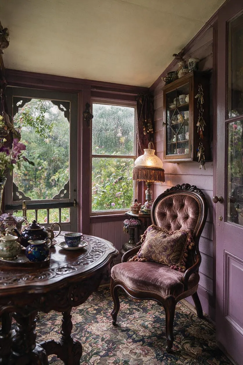 A cozy Victorian front porch with lavender paneled walls, an ornate tufted velvet chair, and a carved wooden tea table set with china. Tall windows, a decorative rug, and a fringed lamp create a romantic, old-world sitting area.