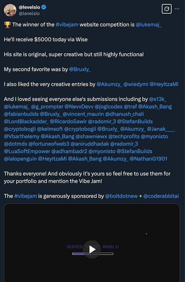 A tweet announcing the winner of the #vibejam website competition.