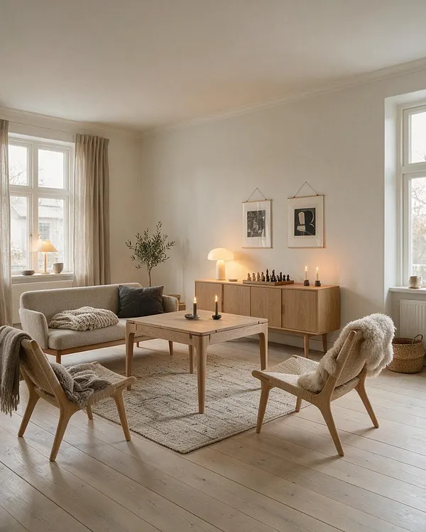 A bright Scandinavian-style game room with pale wood flooring, an oak coffee table, and a low sideboard against a cream wall. A small sofa, two lounge chairs, a textured rug, framed wall art, candles, and a chess set create a calm, minimalist atmosphere filled with natural light.
