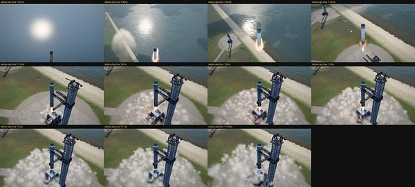 Sequence of images showing a rocket booster descending and landing on a sea platform with timestamps indicating seconds before and after touchdown.