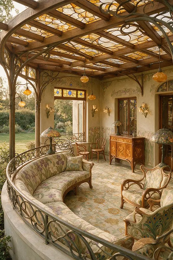 An Art Nouveau patio with a curved floral upholstered sofa, carved wood chairs, and an inlaid wood cabinet arranged under a stained-glass and timber pergola. Decorative ironwork, floral wall motifs, mosaic-style floor tiles, and amber pendant lights create a warm, elegant garden room atmosphere.