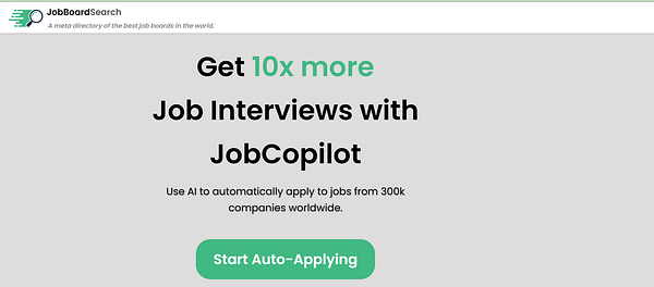 The image features a promotional webpage for JobBoardSearch highlighting the benefits of using JobCopilot.