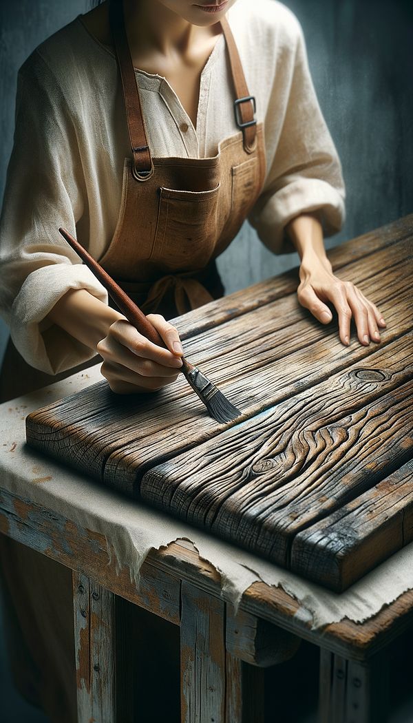 A rustic wooden table being dry brushed by an artist, highlighting the unique textures and edges of the table.