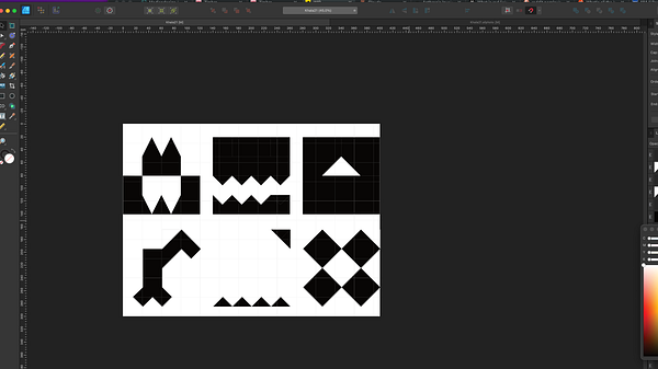 The image displays a grid of abstract black shapes on a dark background.