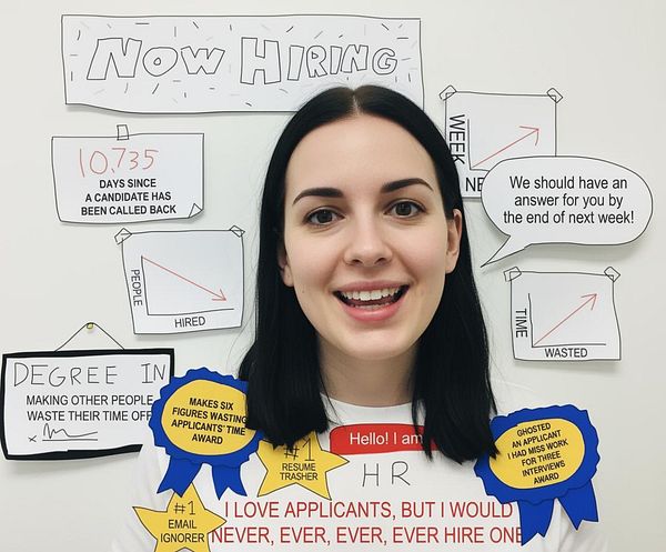 A woman with dark hair smiles in front of a wall filled with humorous hiring-related signs and awards.