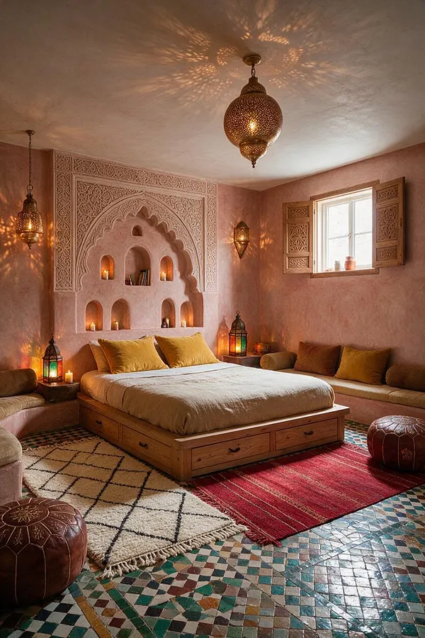 A cozy Moroccan-style basement bedroom with a low wooden bed, pink plaster walls, carved decorative niche, patterned tile floor, and hanging lanterns casting warm light and shadow. Cushions, rugs, and leather poufs create a relaxed lounge-like atmosphere.