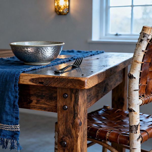A close-up of a rustic dining setting shows a chunky reclaimed-wood table edged with bolts and a zinc-like metal top, draped with an indigo linen runner. A hammered metal bowl and a fork rest on the surface, while a chair with a birch-branch frame and woven cognac leather seat tucks beneath; behind it, a warm amber wall sconce glows against a soft gray wall near a white-trimmed window admitting daylight.