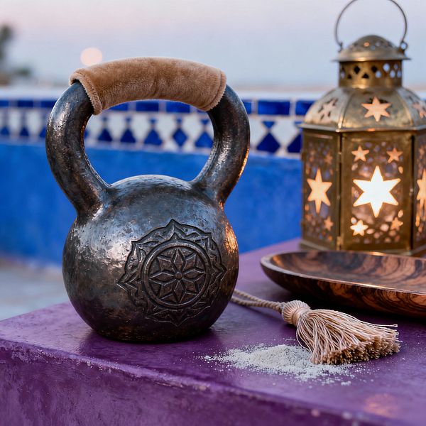 A close-up of a cast-iron kettlebell with an engraved geometric rosette and a tan suede wrap on the handle sits on a deep purple tadelakt bench. Beside it, a lit brass Moroccan lantern with star cutouts casts a warm glow onto a wood tray and a beige tassel, with a dusting of chalk nearby. Behind, a vivid cobalt wall capped with blue-and-white zellige tiles frames the outdoor setting at dusk.