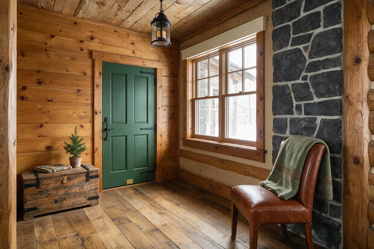 A rustic entryway with honey-toned wood plank walls and ceiling, a deep green paneled door, and a large window framed in natural wood. A dark stone accent wall stands beside a brown leather chair draped with a green throw, while a distressed wooden chest with a small potted evergreen adds charm.
