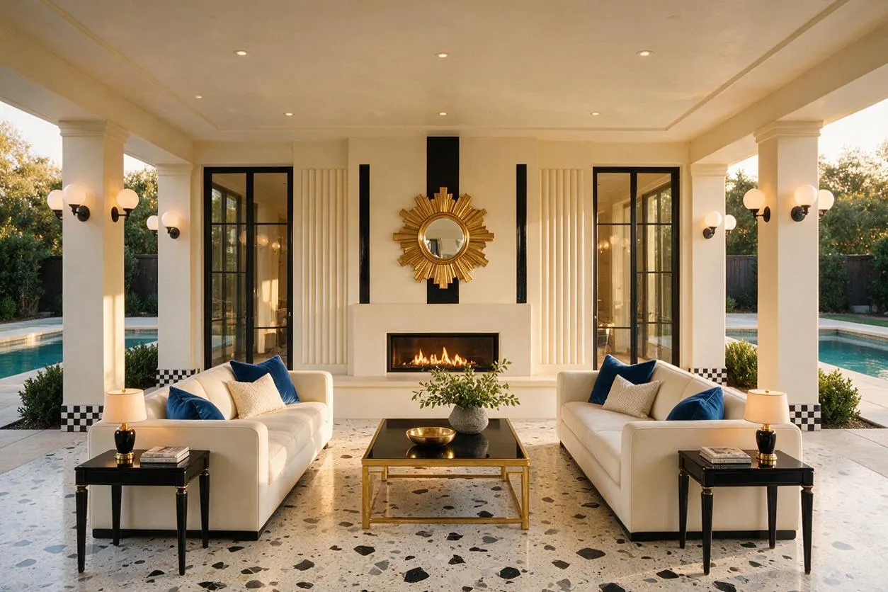 A covered backyard lounge with two cream sofas facing a central fireplace and sunburst mirror, framed by black-trimmed glass doors and white columns. Brass accents, navy pillows, terrazzo-style flooring, and wall sconces create a glamorous Art Deco feel beside a swimming pool.