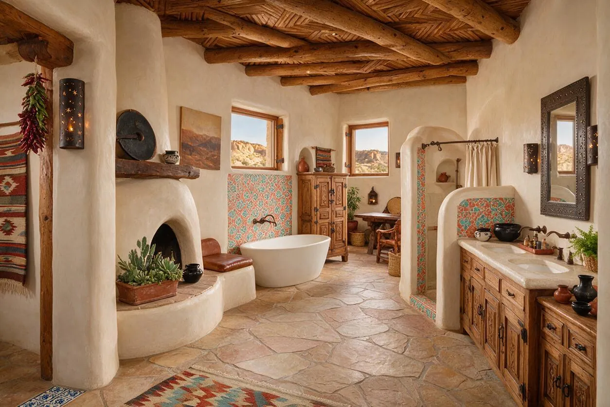 A spacious Southwestern master bathroom with smooth adobe-style walls, a rustic wood beam ceiling, and a stone floor. The room features a freestanding white tub, carved wood cabinetry, colorful patterned tile accents, a large mirror, and decorative niches with earthy accessories.