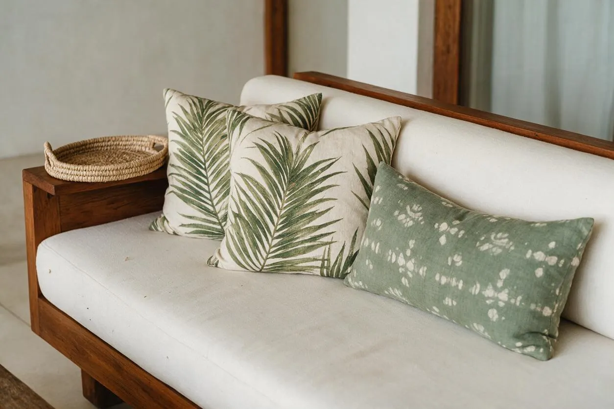 A tropical-inspired sofa vignette with a cream upholstered seat and rich wood frame, styled with three botanical pillows in green palm and tie-dye patterns. A woven tray rests on the arm, and the setting feels airy and relaxed with neutral walls and soft natural light.