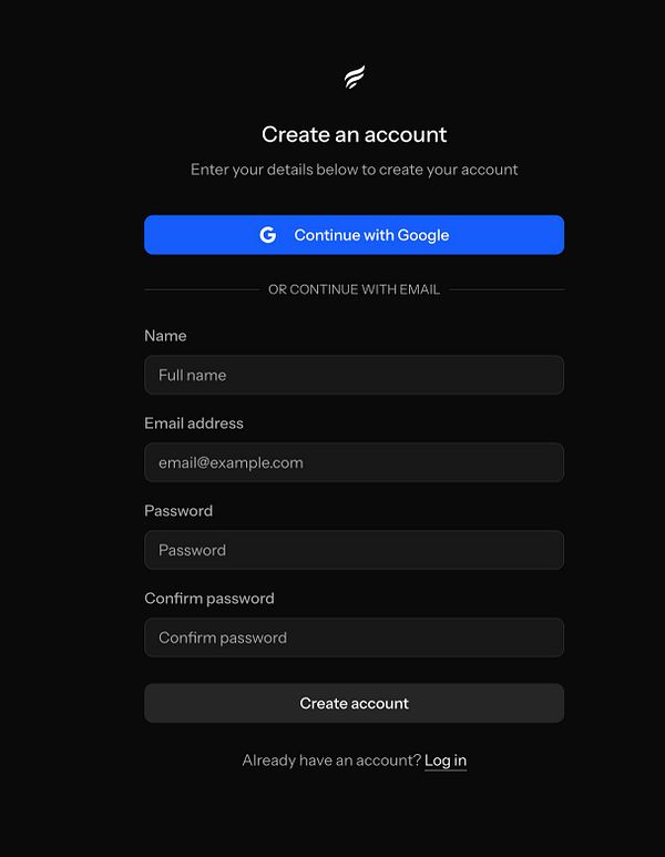 The image displays a user interface for creating an account with options for Google login and email registration.