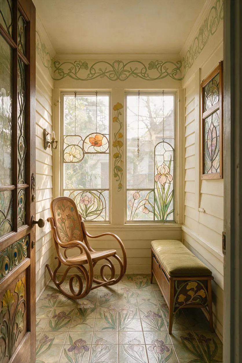 A narrow front porch designed in Art Nouveau style with cream beadboard walls, hand-painted floral borders, and decorative stained-glass windows. The space includes a curved wooden rocking chair, a cushioned bench, and tiled flooring with botanical patterns in soft green, gold, and lavender tones.