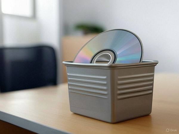 A CD is placed in a gray container on a wooden desk.