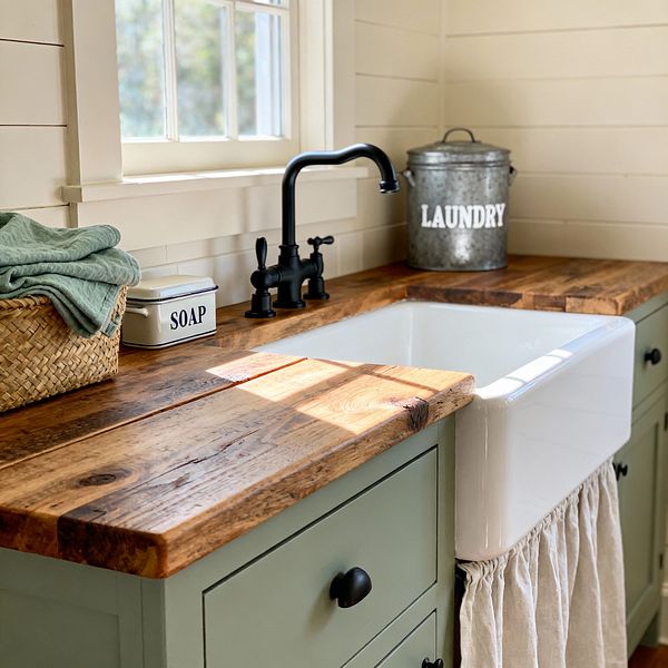 A cozy farmhouse laundry nook with a white apron-front sink beneath a window, set into a thick reclaimed-wood countertop. A matte black bridge faucet stands in front of cream shiplap walls. Sage green shaker cabinets with black knobs sit below, with a natural linen skirt draped under the sink. On the counter are a woven basket holding folded green towels, a white enamel SOAP tin, and a galvanized canister labeled LAUNDRY, all in warm daylight.