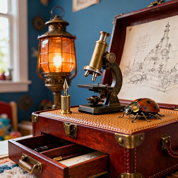 A close-up of a steampunk-themed kids’ room desk vignette: a glowing brass lantern with a wire cage sits beside an antique brass microscope on a leather‑topped mahogany chest with riveted corners. Open drawers reveal pencils and sketches, while a sepia blueprint with beetle and gear drawings and a metal ladybug figure complete the scene. A deep blue wall and a sunlit window frame the cozy, workshop-like setting.