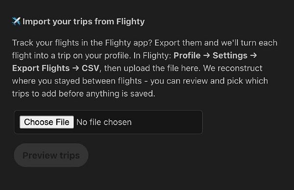 Screenshot of a web interface showing a Trips Importer section with a Flighty Import button and trip details.