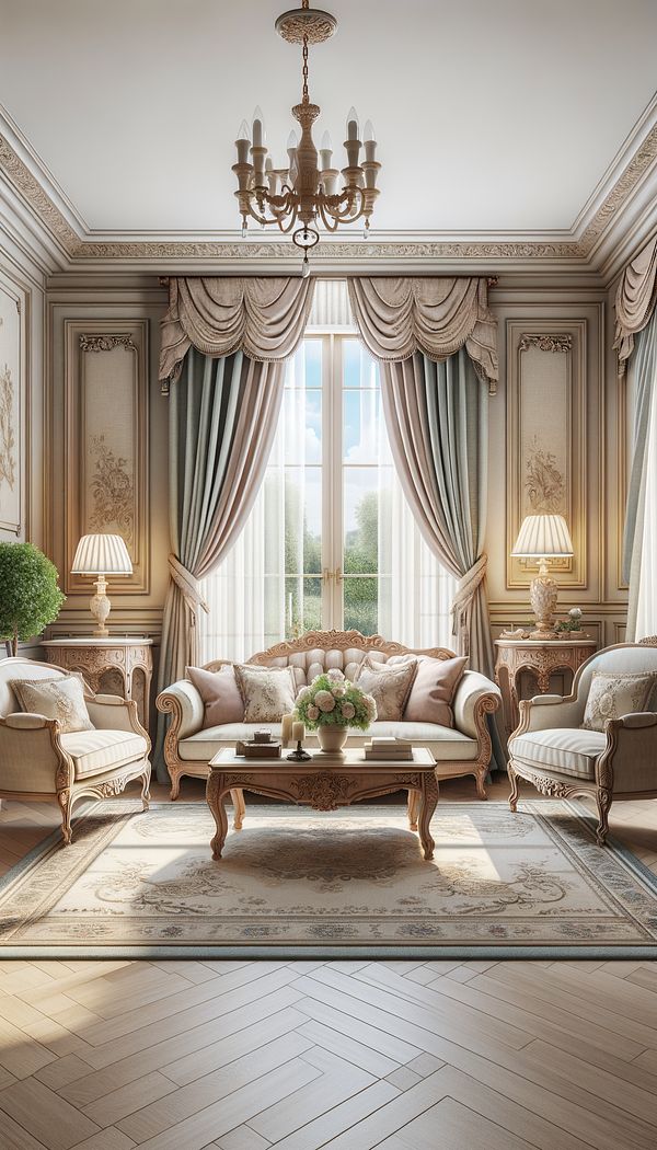 An elegant living room decorated in French Provincial style featuring carved wooden furniture, soft pastel colors, and window treatments in linen fabric with a traditional French pattern.